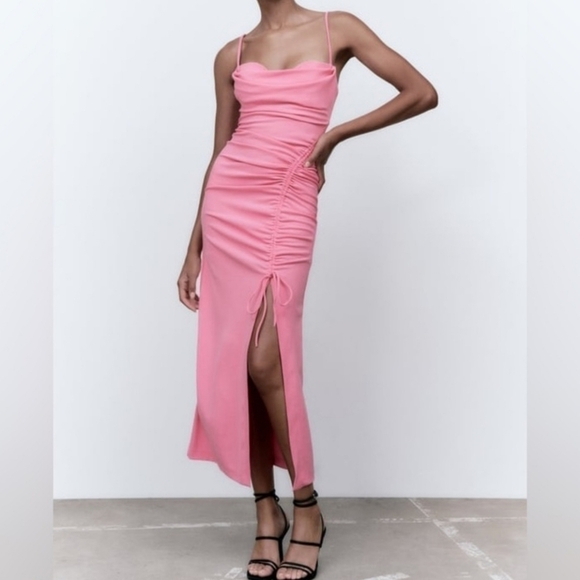 Zara Bubblegum Pink Bodycon Ruched Draped Midi Dress